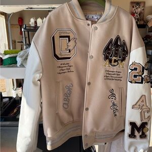 Off-White Beige and White Varsity Jacket men’s Large Worn 1 Time.